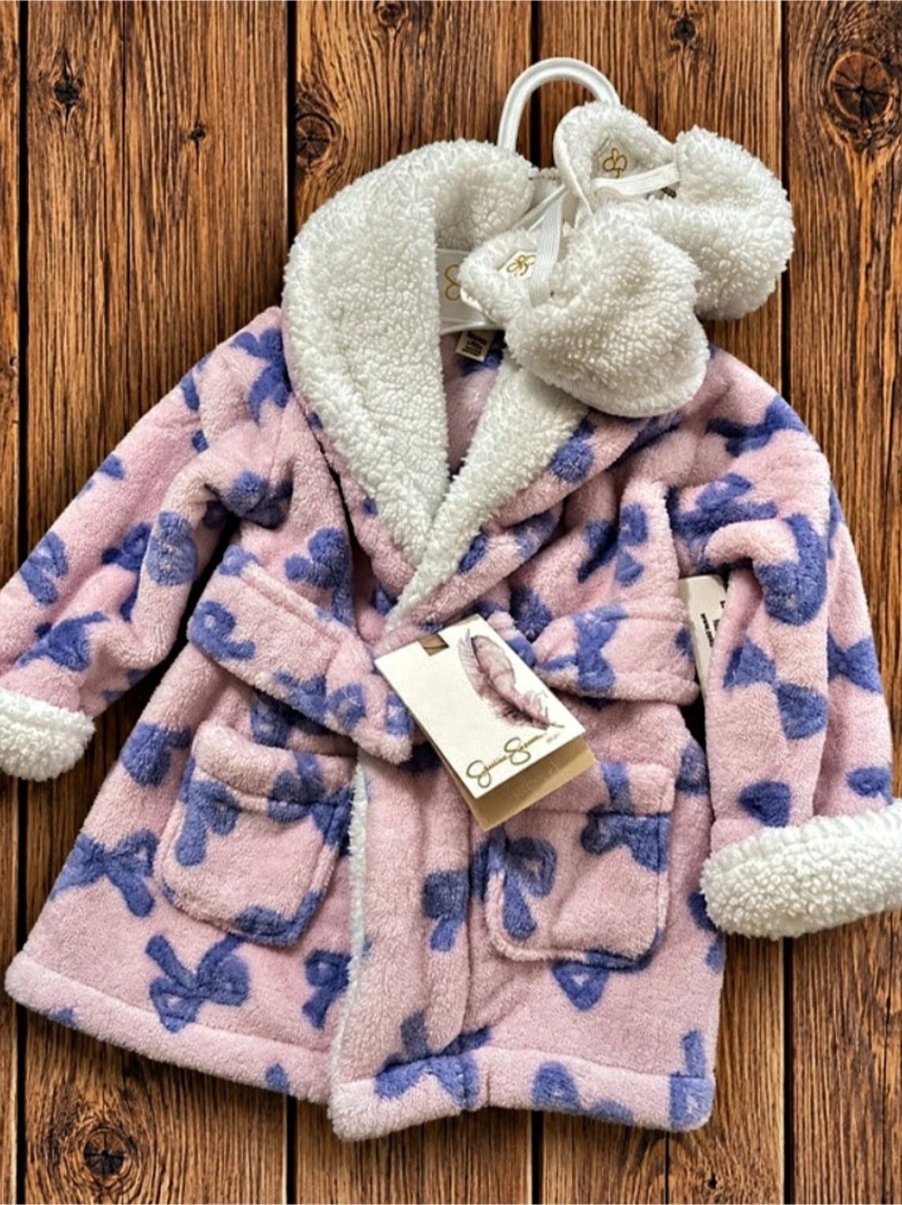 Jessica Simpson Infant Girls Plush Robe and Booties Set Pink & Blue
